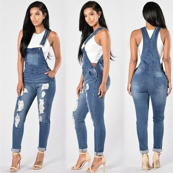 Jeans hole high elastic feet fashion denim strap pants