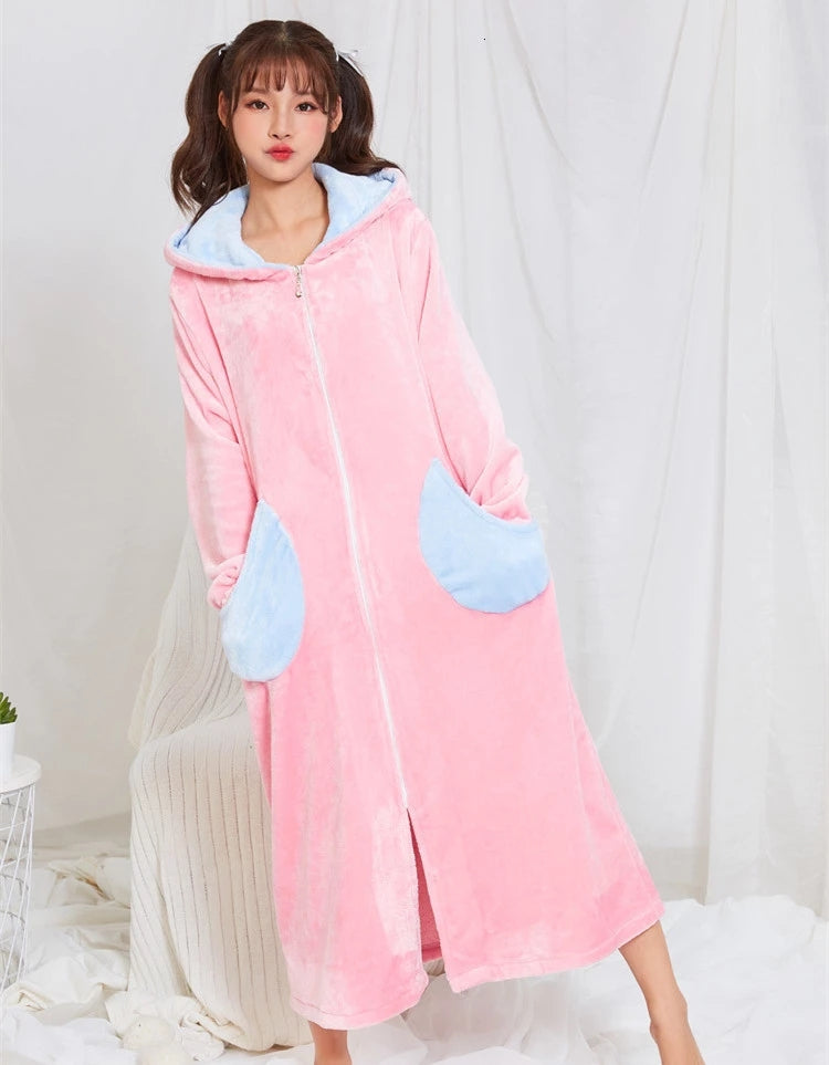 Thick Coral Fleece Button Nightdress Women's Cardigan Extra Long Sleep