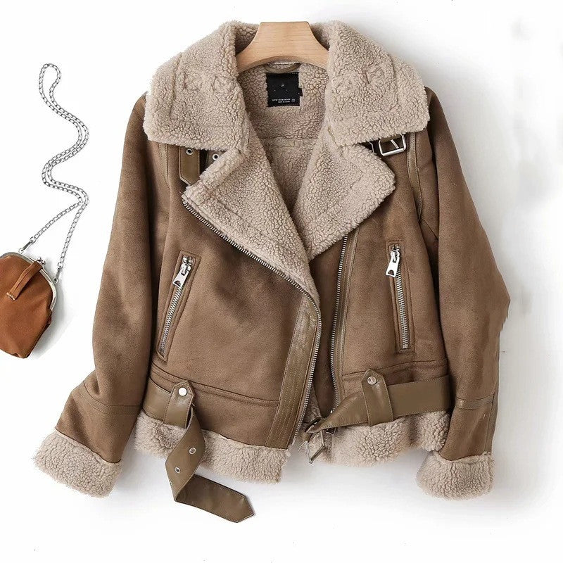 Autumn And Winter New European And American Style Suede Surface Fur Integrated Lamb Fur Warm Coat Motorcycle Clothing Women