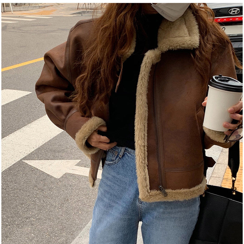 Fashionable Big Lapel Zipper Design Fur One Thickening Warm Motorcycle Short Coat Women