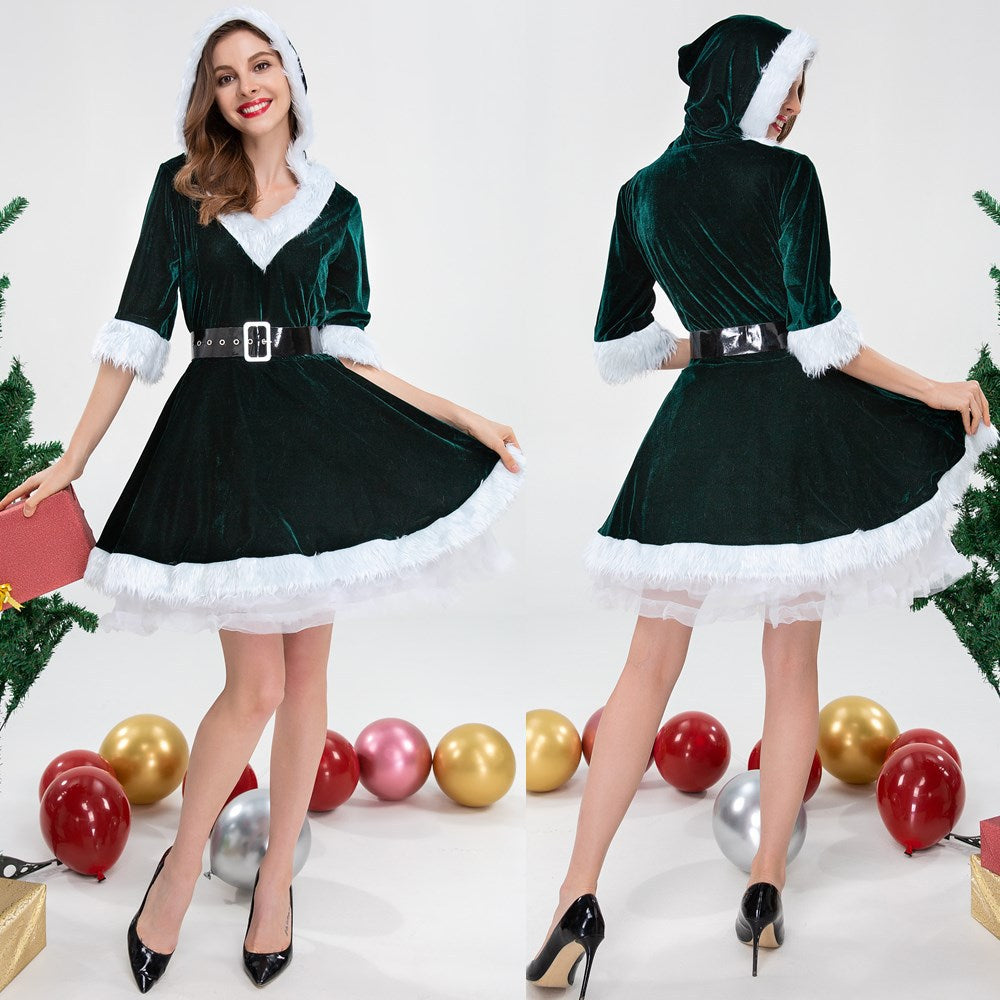 Christmas Winter New Women Dress Long Sleeve V-Neck Plush Decoration Layered Mash Hem Lingerie