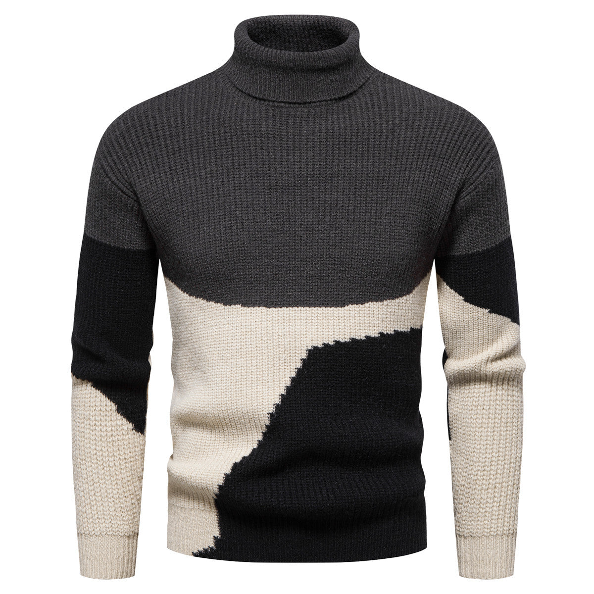 Men's Knitted Color Block Turtleneck Sweater