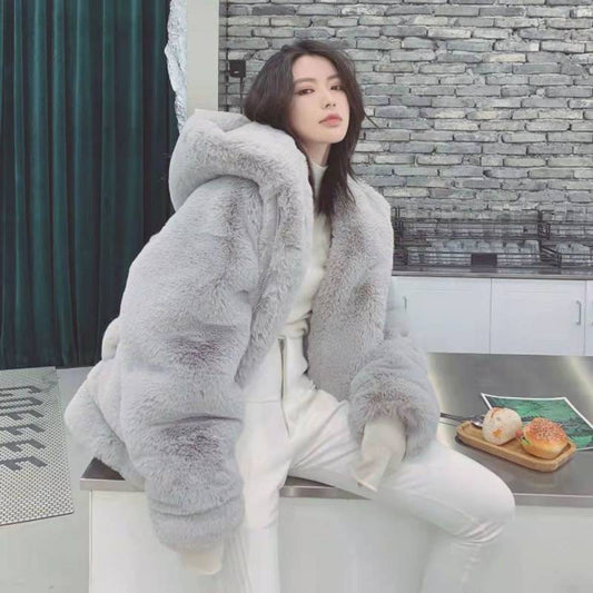 Lamb Plush Hooded Loose Coat Jacket Women