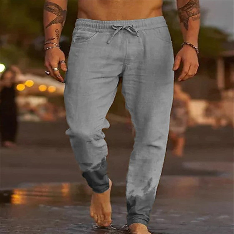 Men's Solid Color Drawstring Cotton Linen Loose Casual Beach Pants