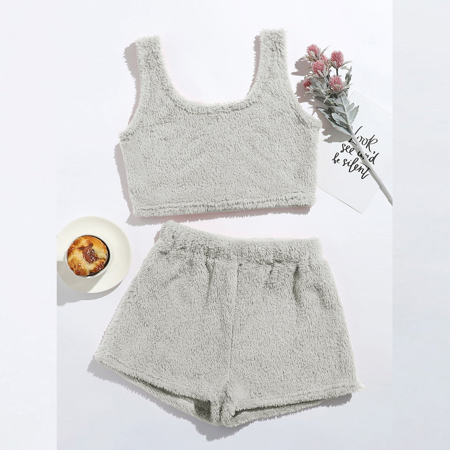 Pajama Suit Sexy Fluffy Sets Velvet-Plush Shorts Crop Tank Top Women Tracksuit Casual Sports Overalls Sweatshirt Night Suit