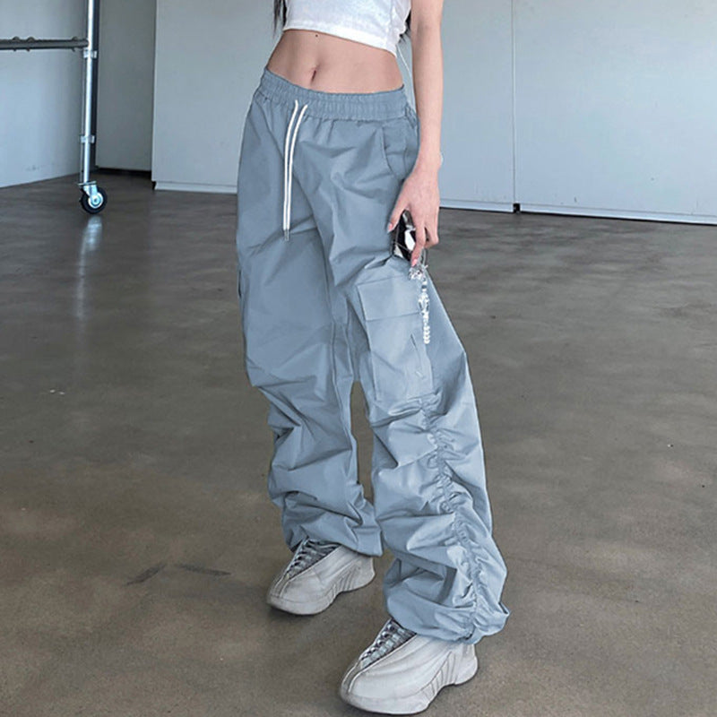 Grey Blue Pleated Drawstring Casual Pants For Women