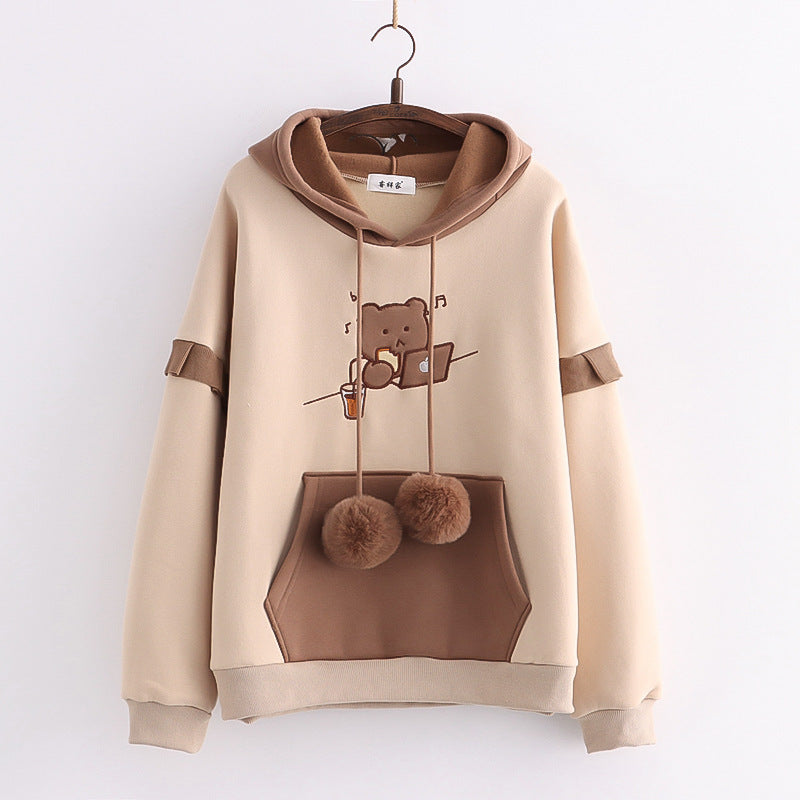 Hooded Bear Embroidery Plus Velvet Sweater Loose And Thin Coat Women