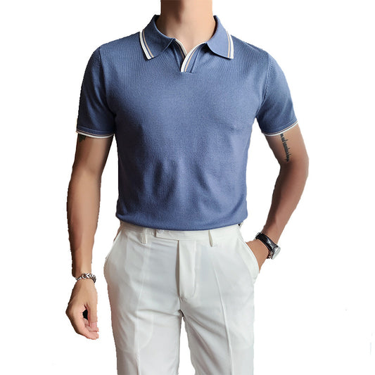 Summer Slim Men's White Knitted Short-Sleeved Polo Shirt