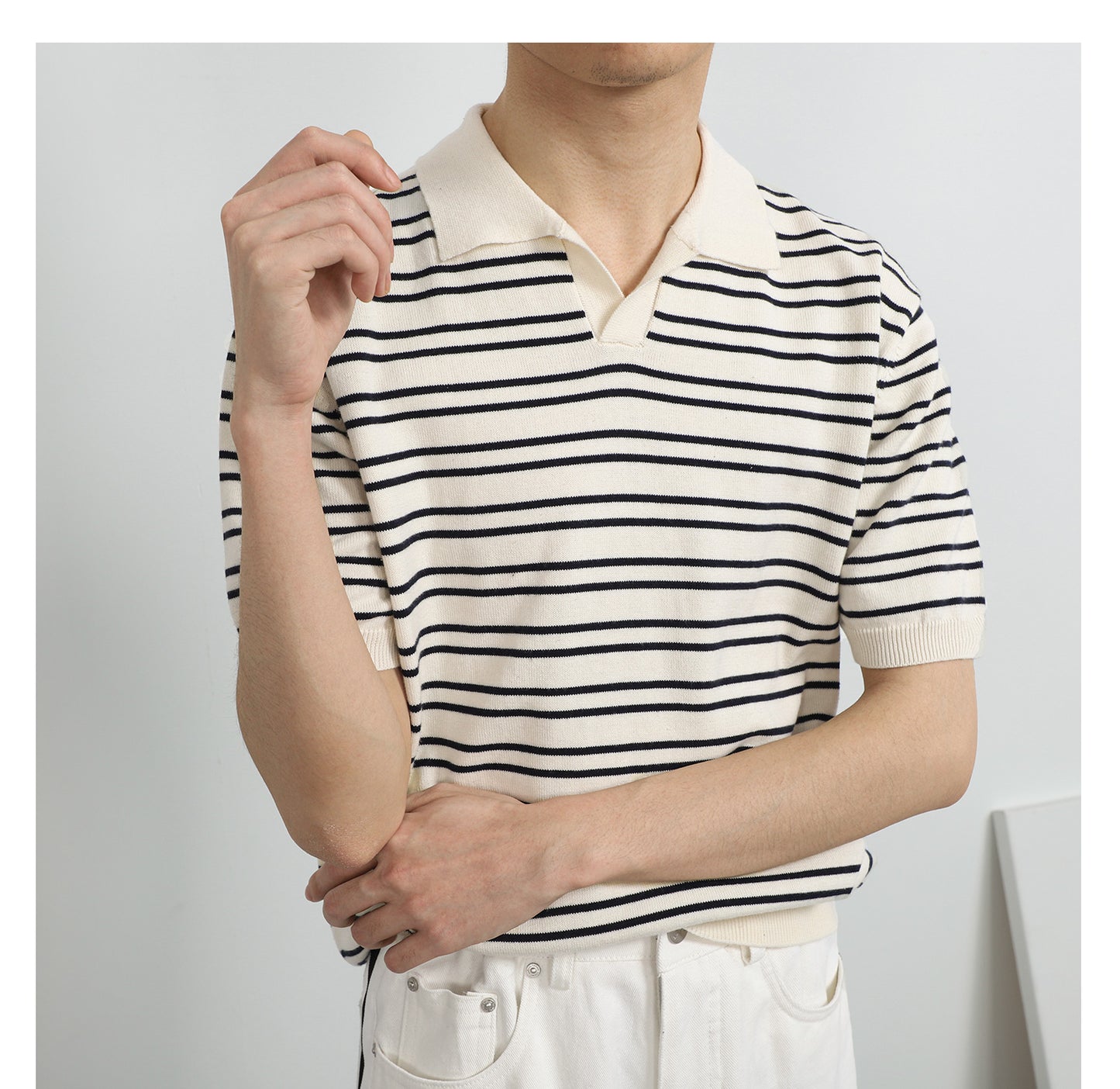 V-neck Ice Silk Striped Polo Shirt Men's Short-sleeved Lapel T-shirt