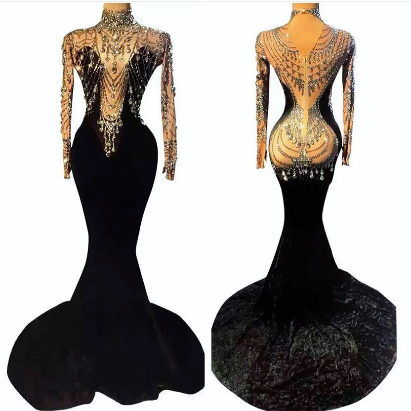 Flannel Hot Diamond Rhinestone Tassel Slim Custom Costume Evening Dress