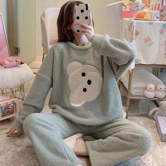 Cartoon Print Pajamas Sets Winter Warm Long Sleeve Sleepwear Home Nightclothes Women