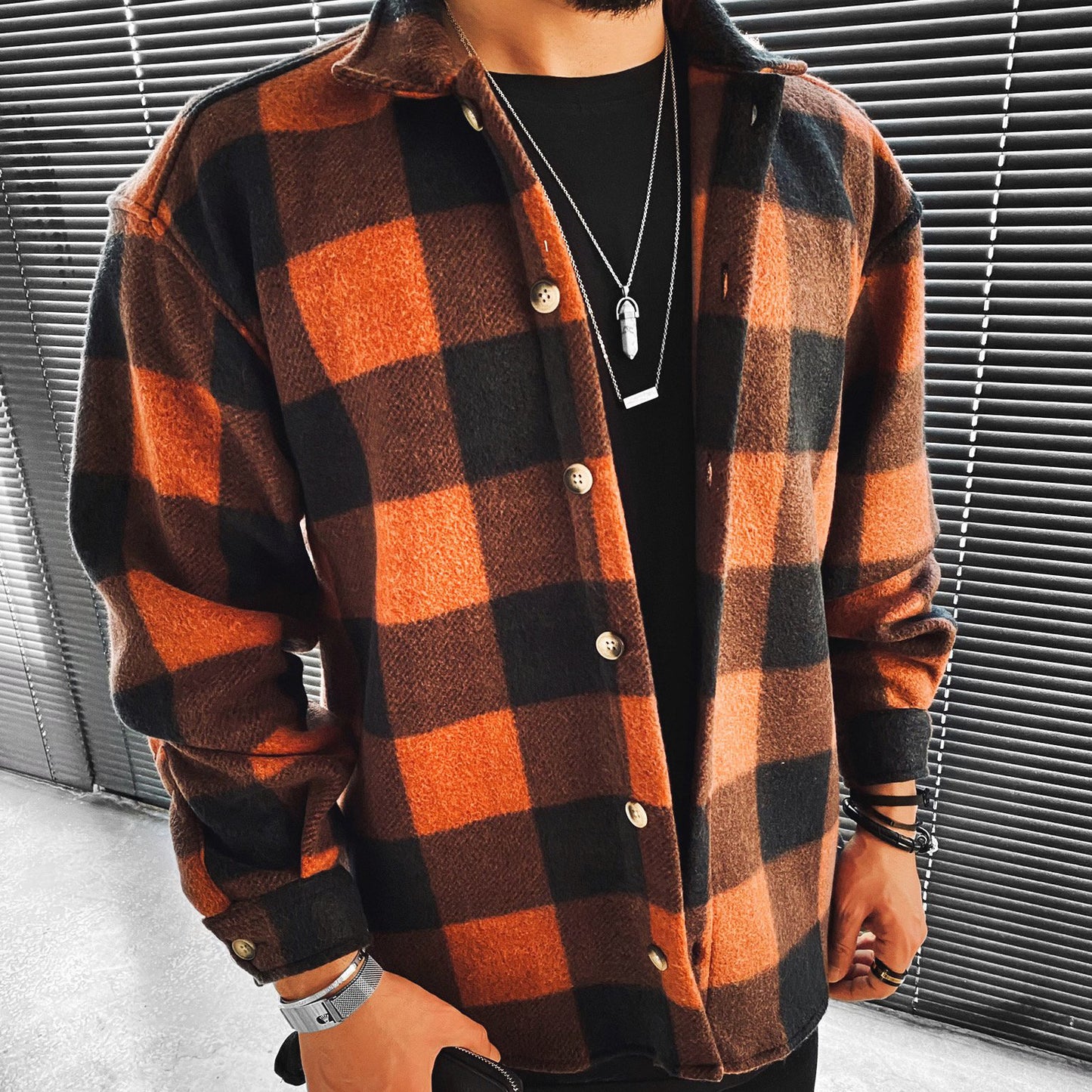 Long-sleeved Plaid Long-sleeved Shirt Casual Stand Collar Pocket Shirt Men