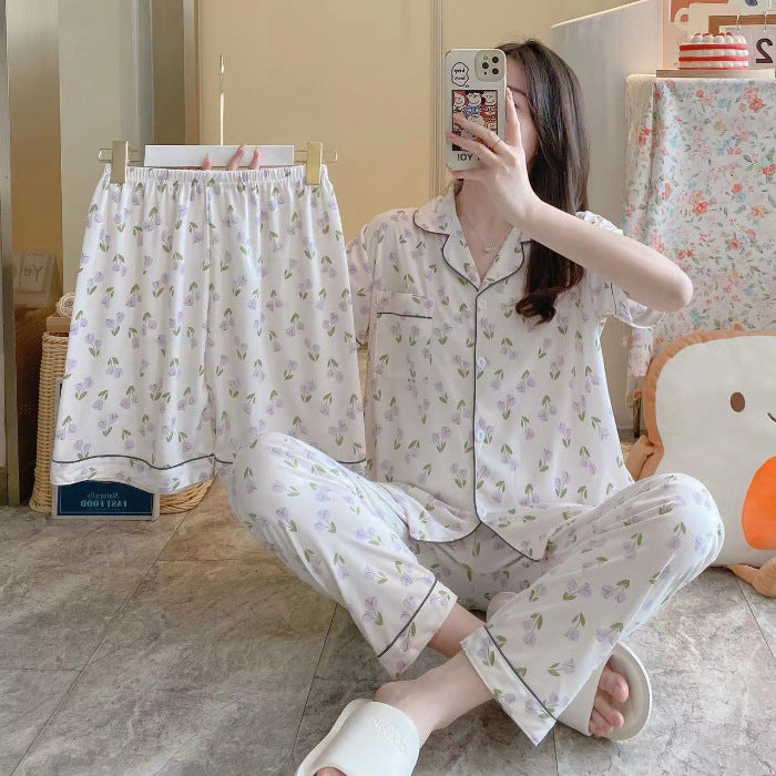 Fruit Pajamas Women's New Summer Thin Short-sleeved Trousers Milk Silk Cute Loungewear Three-piece Suit