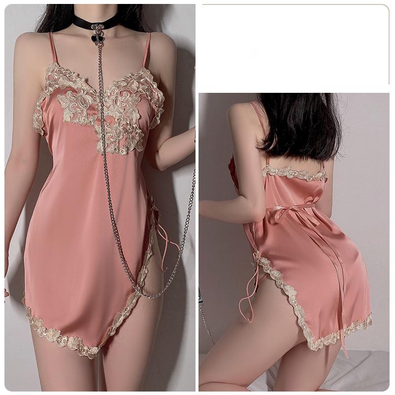 Women Satin Lace Slit Suspender Nightdress