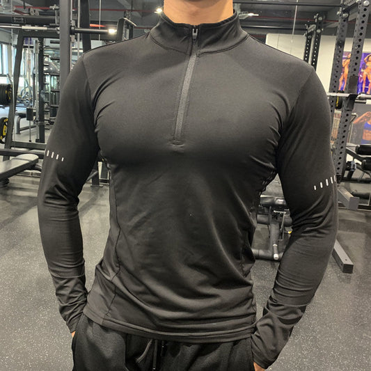 Half Zipper Fitness Long Sleeve Men Running Sweat Absorption