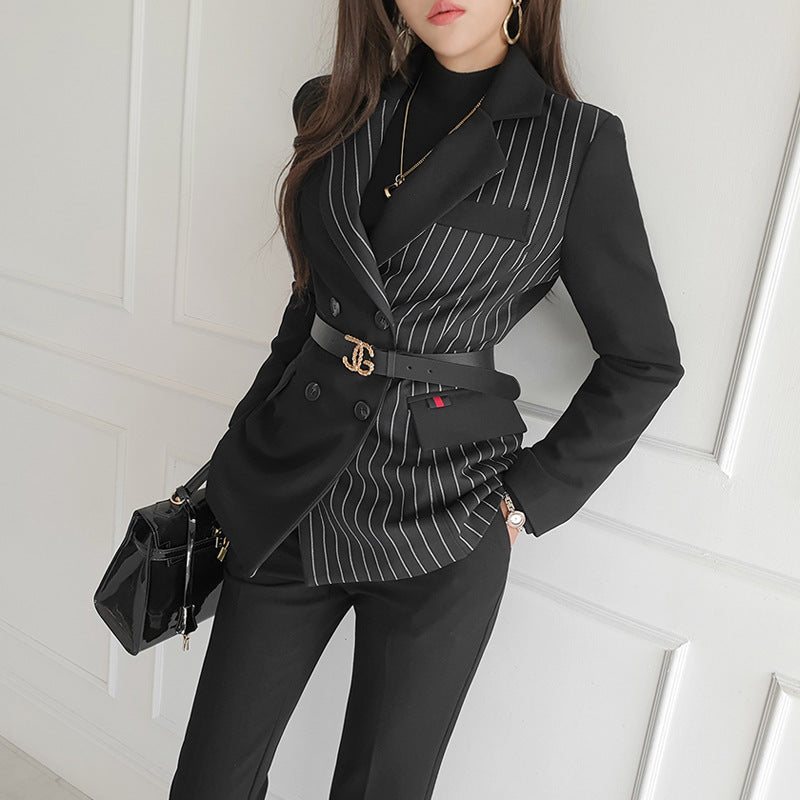 Women Set New Striped Blazer Slim Pants