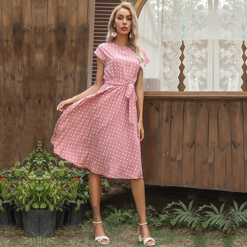 Summer Women Polka Dot Short Sleeve Dress Casual Bandage Party Pleated Midi Dresses Elegant Green Office Lady Clothing