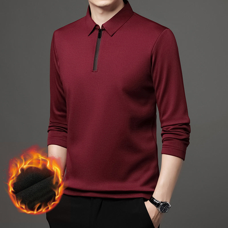 Half Zipper Fleece-lined Thickened Polo Shirt Men Polo Collar Solid Color