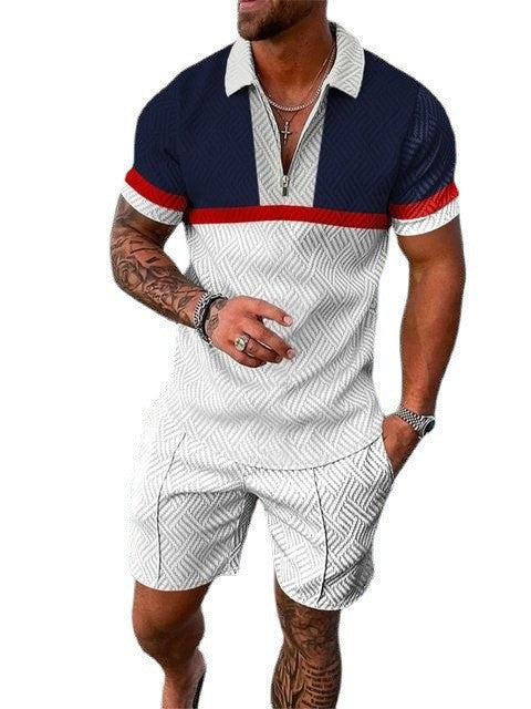 New Men's Fashion Casual Polo Shirt Shorts Two-piece Set