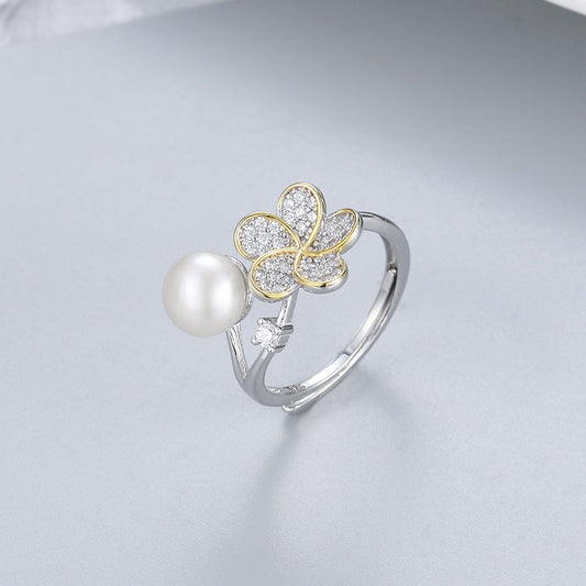 Color Separation Flower Pearl Ring S925 Silver Ring Adjustable
