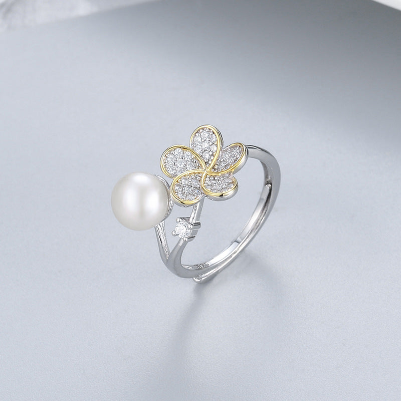 Color Separation Flower Pearl Ring S925 Silver Ring Adjustable